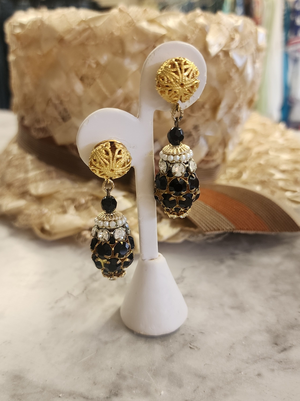 Vintage Gold And Black Rhinestone Drop Earrings